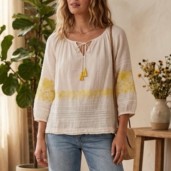 Anthropologie Tops - Anthropologie Floreat Gauze Lightweight Ivory Yellow Embroidered Blouse Top M
